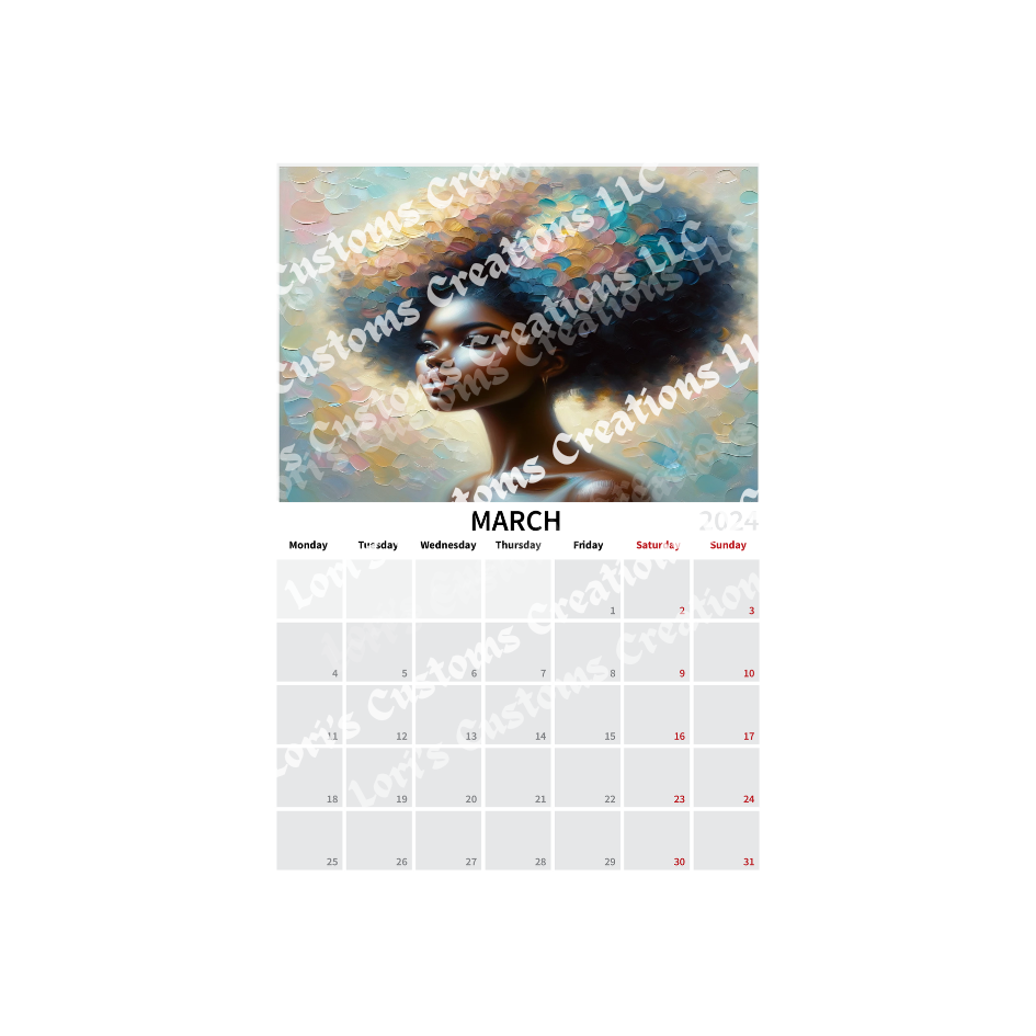 Chromatic Elegance: A Year of Vivid Portraits Calendar 2024 -Printable Download (A4size)